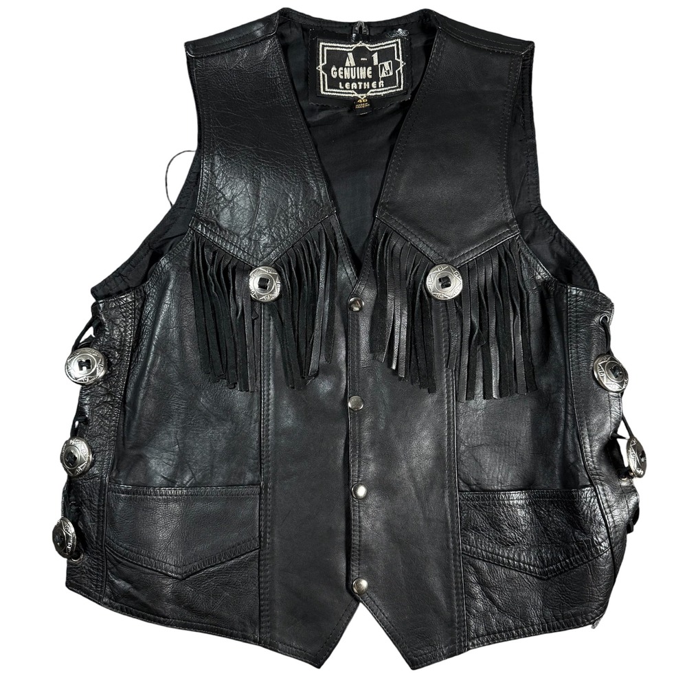 A-1 Genuine Leather Fringe Vest Mens 46 Black Concho Biker Western Side Lace
